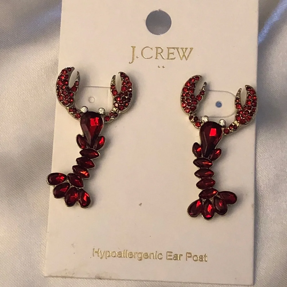 J. Crew Factory Silver Tone & Red Crystal Encrusted Lobster Drop Earrings NWT